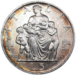 obverse: Vittorio Emanuele III, 5 Lire  Fecondita  argento 1937 Mediamente SPL+/qFDC Rara