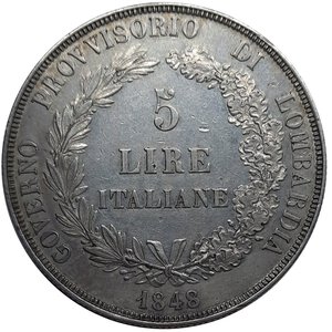 obverse: MILANO. Governo provvisorio di Lombardia. 5 lire argento 1848, 
base spessa, stella vicina RR, BB/SPL