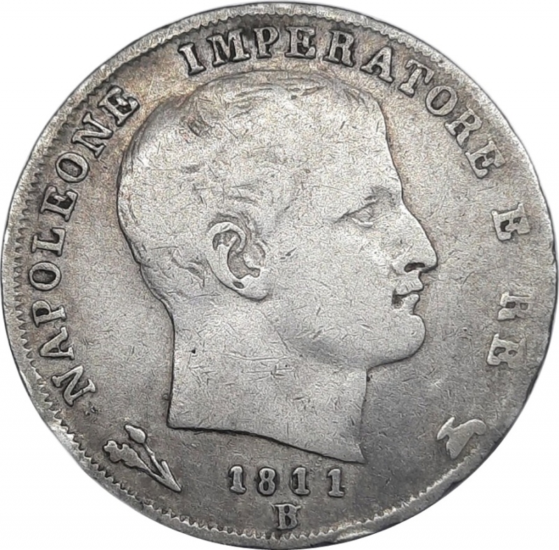 reverse: NAPOLEONE .Imperatore d Italia, 1 Lira argento 1811 zecca B,  B su M , Cifra 1 su 0,Puntali aguzzi  ,BB+