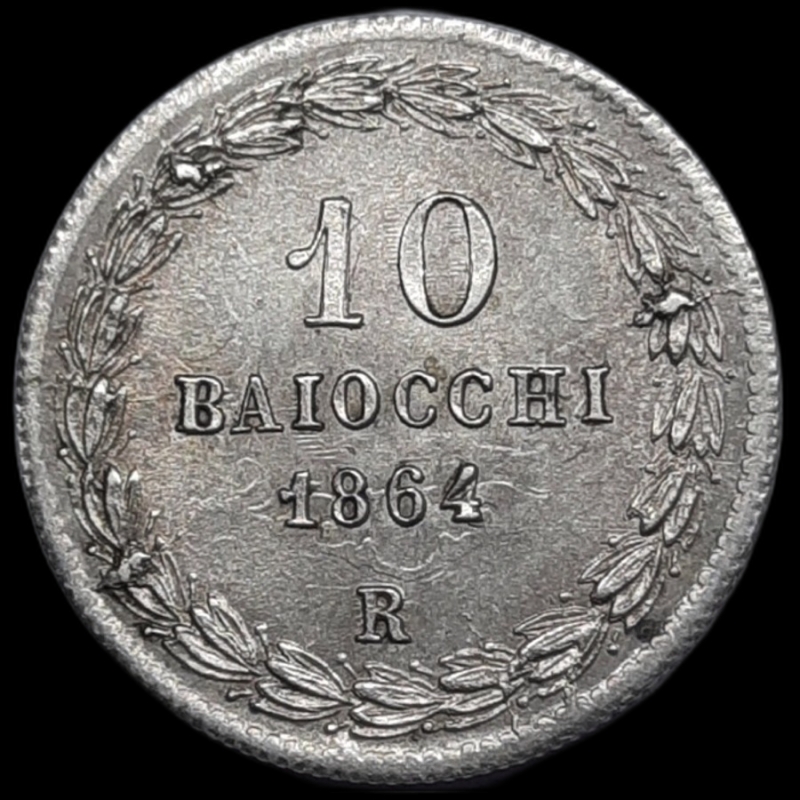 obverse: STATO PONTIFICIO, Pio IX , 10 Baiocchi argento 1864, SPL+ Eccellente
