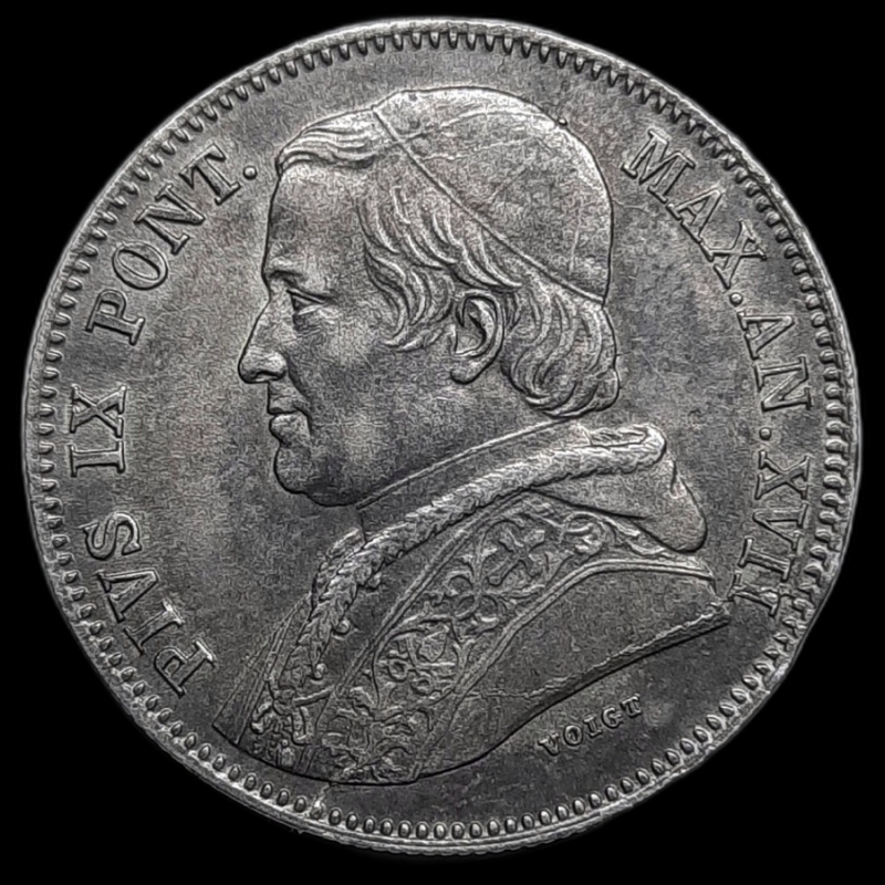 reverse: STATO PONTIFICIO, Pio IX , 20 Baiocchi argento 1862, SPL+ Eccellente,Tranciatura del tondello e frattura di conio al rovescio