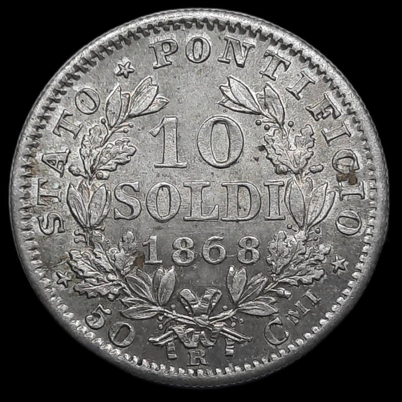 obverse: STATO PONTIFICIO, Pio IX , 10 Soldi argento 1868, Qfdc