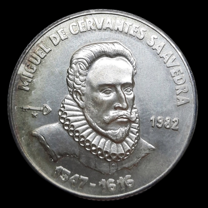 obverse: CUBA. 5 pesos argento 1982 Miguel De Cervantes 12 gr.   FDC