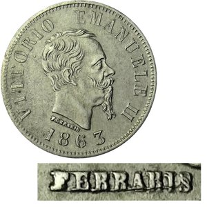 obverse: 50 centesimi 1863 N . 3 distante e firma FERRARIS ripunzonata, SPL