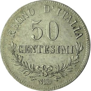reverse: 50 centesimi 1863 N . 3 distante e firma FERRARIS ripunzonata, SPL