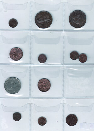 obverse: SAVOIA - 12 monete sabaude tra cui 2 Lire 1926 (BB+) le altre in Ae FDC  10 Cent. Umberto 1893 Birminghan . 10 Cent. 1911 etc. da visionare. Richiesta 120