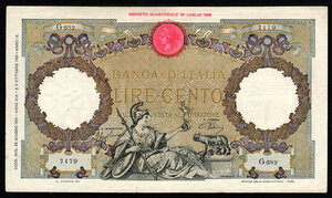 obverse: 100 Lire Italia Guerriera  G 682 decr 23/06/1941 BB/SPL richiesta 40