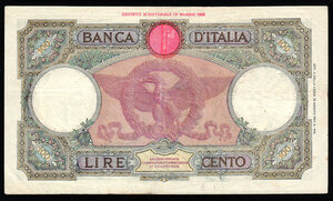 reverse: 100 Lire Italia Guerriera  G 682 decr 23/06/1941 BB/SPL richiesta 40