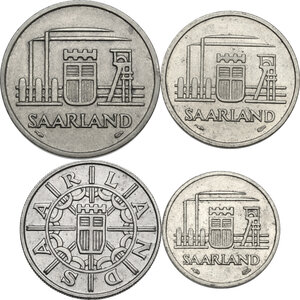 obverse: Saarland.  German Republic State.. Lot of four (4) coins: 100 Franken 1955, 50, 20, 10 Franken 1954