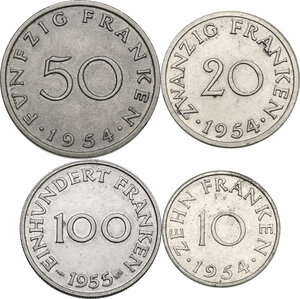 reverse: Saarland.  German Republic State.. Lot of four (4) coins: 100 Franken 1955, 50, 20, 10 Franken 1954