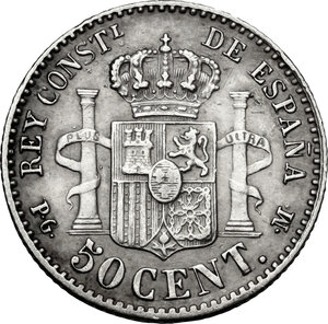 reverse: Spain.  Alfonso XIII (1886-1931). AR 50 Cent 1892 (92)