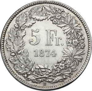 reverse: Switzerland.  Confederation (1848- ). AR 5 Francs 1874 B, Bern mint