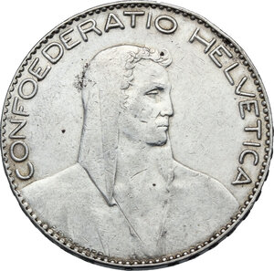 obverse: Switzerland.  Confederation (1848- ). AR 5 Francs 1922 B, Bern mint