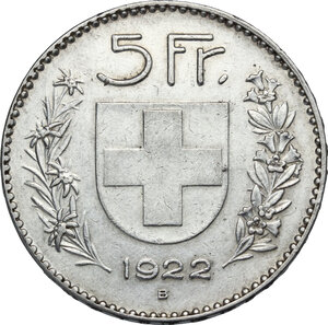 reverse: Switzerland.  Confederation (1848- ). AR 5 Francs 1922 B, Bern mint