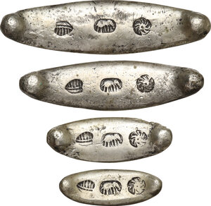 obverse: Thailand. Lot of four (4) AR silver boat-shaped ingots. Undated. 11g, 19g, 30g, 48g (total weight 108g)