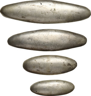 reverse: Thailand. Lot of four (4) AR silver boat-shaped ingots. Undated. 11g, 19g, 30g, 48g (total weight 108g)