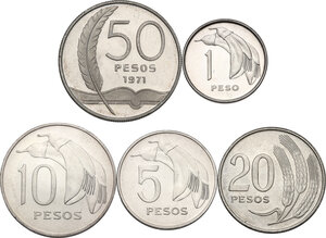 reverse: Uruguay. Lot of three (3) Proof NI-Brass coins: 10, 5, 1 Pesos 1968, in addiction 20 Pesos 1970 and 50 Pesos 1971