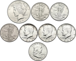 obverse: USA. Lot of eight (8) AR coins: Peace Dollar 1923, Kennedy half Dollar 1964 (2), Walking Liberty half Dollar 1943 and 1945 (2), Franklin half Dollar 1963