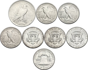 reverse: USA. Lot of eight (8) AR coins: Peace Dollar 1923, Kennedy half Dollar 1964 (2), Walking Liberty half Dollar 1943 and 1945 (2), Franklin half Dollar 1963