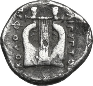 reverse: Ionia, Kolophon. AR Diobol, circa 389-350 BC. Λιγυπτος, magistrate