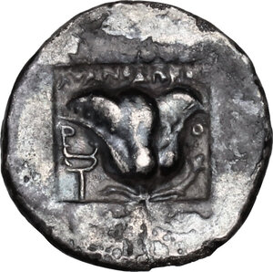 reverse: Islands off Caria, Rhodes. AR Hemidrachm, c. 170-150 BC. ‘Plinthophoric’ coinage. Athanodoros, magistrate