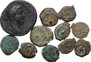 obverse: Judaea. Lot of 11 coins: 10 prutah and 1 Roman Imperial dupondius