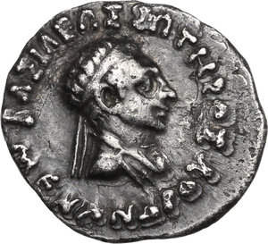 obverse: Baktria, Indo-Greek Kingdoms.  Menander I Soter (155-130 BC). . AR Drachm, Pushkalavati mint