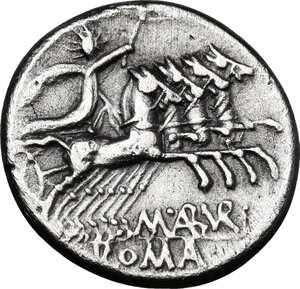 reverse: M. Aburius M.f. Geminus..  AR Denarius, 132 BC