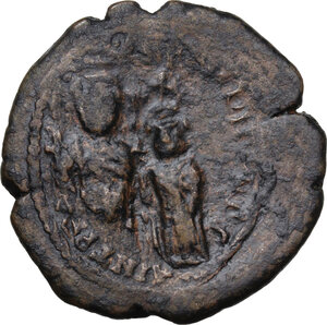 obverse: Heraclius, with Heraclius Constantine (610-641).. AE Follis. Nicomedia mint, 2nd officina. Dated RY 4 (613/4)