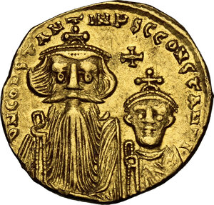 obverse: Constans II, with Constantine IV (641-668). . AV Solidus, Constantinople mint, officina Γ