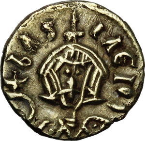 reverse: Basil I the Macedonian, with Constantine (868-879 AD).. Debased AV Semissis (?), Syracuse mint