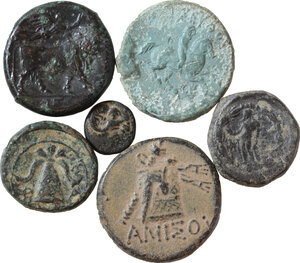 reverse: Greek World. Lot of 6 AE denominations, including: Neapolis, Amisos, Seuthes III, Kebren, Alexander III the Great and Sardes