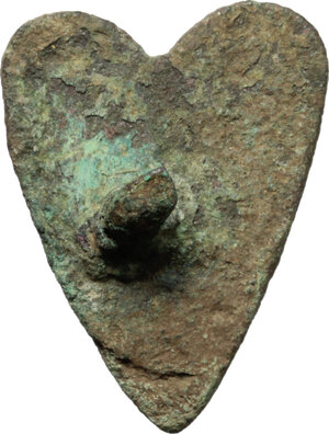 reverse: Bronze applique in the shape of heart.  Early Medieval.  26 x 20 mm