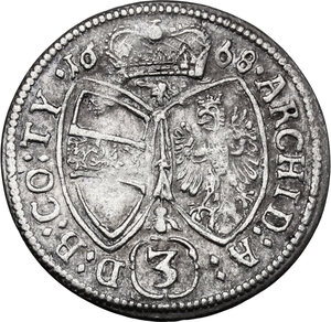 reverse: Austria.  Leopold I (1657-1705). AR 3 Kreuzer 1668, Hall mint