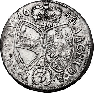 reverse: Austria.  Leopold I (1658-1705). AR 3 Kreuzer 1688, Hall mint