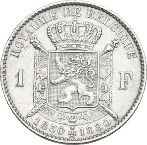 reverse: Belgium.  Leopold II (1865-1909).. AR Frank 1880, for the 50° anniversary of Independence