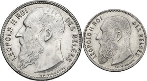 obverse: Belgium.  Leopold II (1865-1909). Lot of two (2) AR Coins: Franc 1909 and 50 Cents 1909