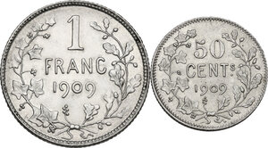 reverse: Belgium.  Leopold II (1865-1909). Lot of two (2) AR Coins: Franc 1909 and 50 Cents 1909