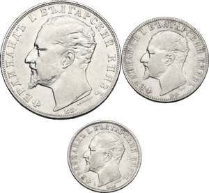 obverse: Bulgaria.  Ferdinand (1887-1918). Lot of three (3) AR coins: 5 Leva, 2 Leva and Leva 1894