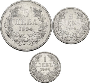 reverse: Bulgaria.  Ferdinand (1887-1918). Lot of three (3) AR coins: 5 Leva, 2 Leva and Leva 1894