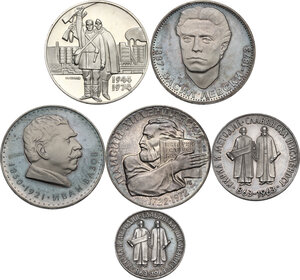 obverse: Bulgaria. Lot of six (6) AR coins: 5 Leva 1963, 1970, 1972, 1973, 1974 and 2 Leva 1963