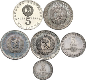 reverse: Bulgaria. Lot of six (6) AR coins: 5 Leva 1963, 1970, 1972, 1973, 1974 and 2 Leva 1963