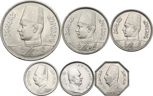 obverse: Egypt. Lot of six (6) AR/CU-NI coins: 10 Piastres 1939 (Farouk), 5 Piastres 1937 (Farouk), 10 Milliemes 1941 (Farouk), 2 1/2 Milliemes (Fuad I), 2 Milliemes 1923 and 1929 (Fuad I)