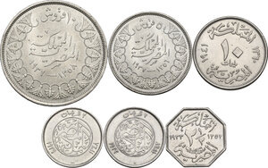 reverse: Egypt. Lot of six (6) AR/CU-NI coins: 10 Piastres 1939 (Farouk), 5 Piastres 1937 (Farouk), 10 Milliemes 1941 (Farouk), 2 1/2 Milliemes (Fuad I), 2 Milliemes 1923 and 1929 (Fuad I)