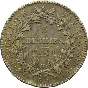 obverse: France.  First Republic, Convention Nationale (1792-1795).. 5 Decimes 1793 A, A. II