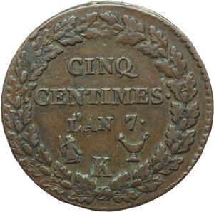 reverse: France.  Directoire (1795-1799). 5 Centimes A. 7, K-Bordeaux