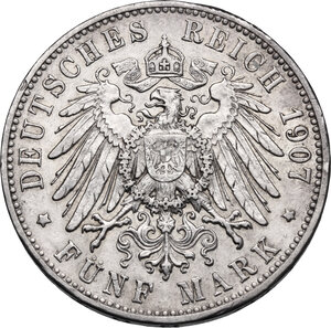 reverse: Germany.  Wilhelm II (1891-1918).. AR 5 Mark 1907, Wuttemberg, Stuttgart mint