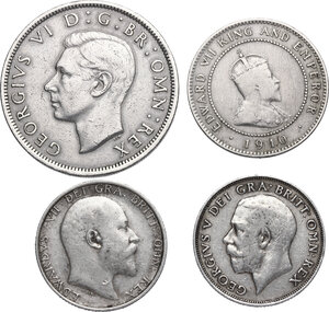 obverse: Great Britain. Lot of four (4) AR coins: half crown 1948, shilling 1907 and 1911, half penny 1909 (Jamaica)