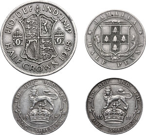 reverse: Great Britain. Lot of four (4) AR coins: half crown 1948, shilling 1907 and 1911, half penny 1909 (Jamaica)