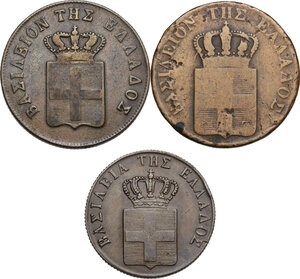 obverse: Greece.  Otto of Bavaria (1832-1862), King of Greece. Lot of three (3) AE coins: 10 Lepta 1844, 1850 and 5 Lepta 1839